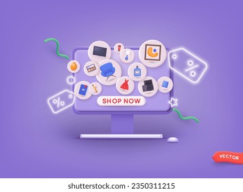 Online shopping on application and website concept, digital marketing online, shopping cart with new items on smartphone screen. 3D Web Vector Illustrations.