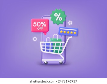 Compras en línea en aplicación y concepto de Sitio web, marketing digital en línea, Carrito de compras. Ilustraciones vectoriales 3D.