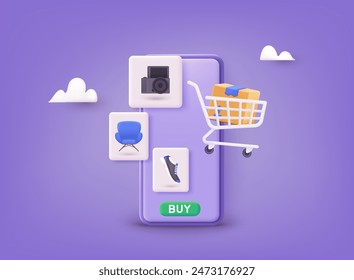 Compras en línea en aplicación y concepto de Sitio web, marketing digital en línea, Carrito de compras. Ilustraciones vectoriales 3D.