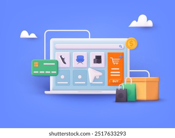 Online shopping on application and website concept, digital marketing online, shopping cart with new items on laptop screen. Mobile marketing and digital marketing. 3D Web Vector Illustration.