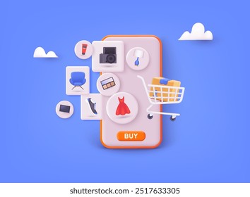 Online shopping on application and website concept, digital marketing online, shopping cart. 3D Vector Illustrations.