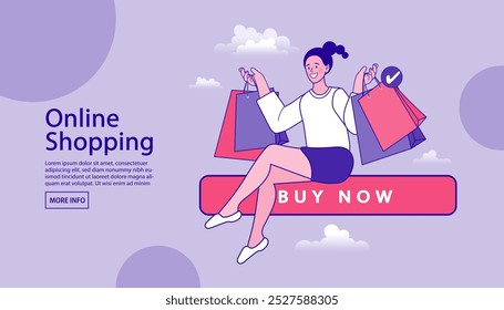 Online shopping on application and website concept, digital marketing online. Buy Now Illustration Icon. Buy now red button with hand cursor. Click button. Girl holding shopping bags with both hands.