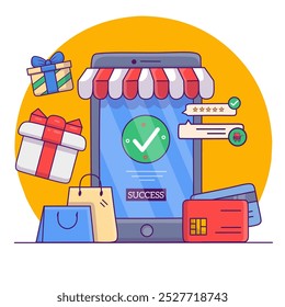 Online shopping on application and website concept, digital marketing online, shopping cart with success transaction on smartphone screen. Cartoon E-commerce illustration. Payments vector.