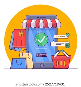 Online-Shopping auf Anwendung und Website-Konzept, digitales Marketing online, Warenkorb mit Erfolgstransaktion auf Smartphone-Bildschirm. Cartoon E-Commerce-Illustration. Zahlungsvektor.