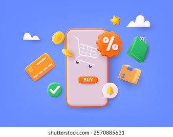 Online shopping on application and website concept, digital marketing online, shopping cart. 3D Vector Illustrations.