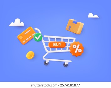 Online shopping on application and website concept, digital marketing online, shopping cart. 3D Web Vector Illustrations.