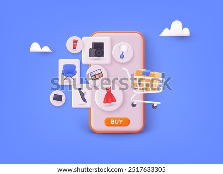 Online shopping on application and website concept, digital marketing online, shopping cart. 3D Vector Illustrations.