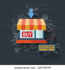 Online shopping on blackboard background,vector