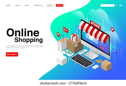Online Shopping on Computer Desktop. E-Commerce and Digital Marketing Concept. Landing Page Template. Vector EPS 10