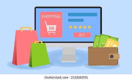 Las compras en línea en una computadora tienen bolsas de papel y bolsos con dinero verde y créditos amarillos delante.