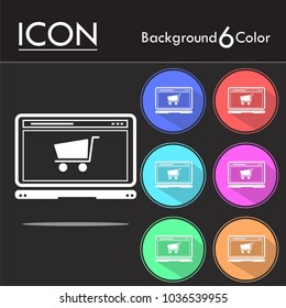 Online shopping on computer isolated on six color background.