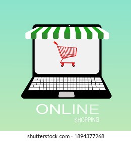 Online shopping on computer on computer online marketing digital vector design online ordering. Online shop. Digital Marketing, E-commerce shopping .laptop screen buy. Shopping  by computer.