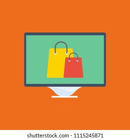 Online shopping on computer monitor icon