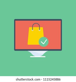 Online shopping on computer monitor icon