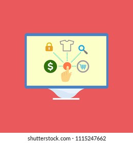 Online shopping on computer monitor icon