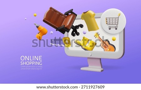 Online shopping on computer screen. Marketplace app and web service 3D cartoon plastic style. Realistic vector banner design. Internet store shop goods purchasing, e-commerce. Shopping cart