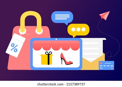 Comprar en línea en el ordenador. Tienda en línea, gran venta, descuento especial, publicidad social. Marketing móvil y digital. Elemento gráfico de ilustración vectorial, signo, símbolo. Dibujo de estilo minimalista