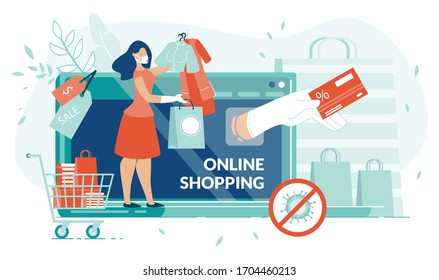 Online Shopping on Covid19 Quarantine, Stay at Home. Self-Isolate. Woman Order Clothes with Sale and Discount. Human Hand Holding Credit Card. Wireless Payment. Tiny People, Laptop, Digital Ecommerce