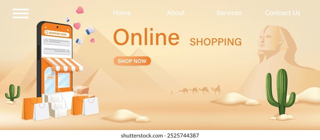 Online shopping on desert Egypt background, Green cactus, camel, pyramid, on sand desert banner design, EPS 10 vector illustration