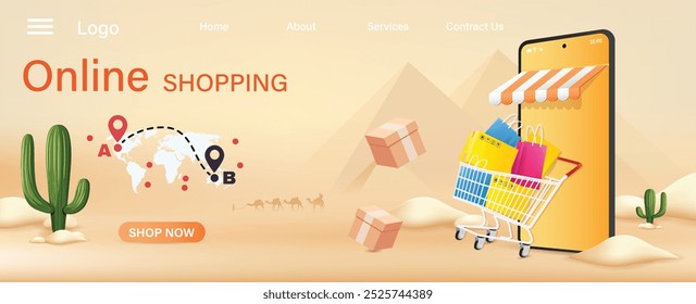 Online shopping on desert Egypt background, Green cactus, camel, pyramid, on sand desert banner design, EPS 10 vector illustration