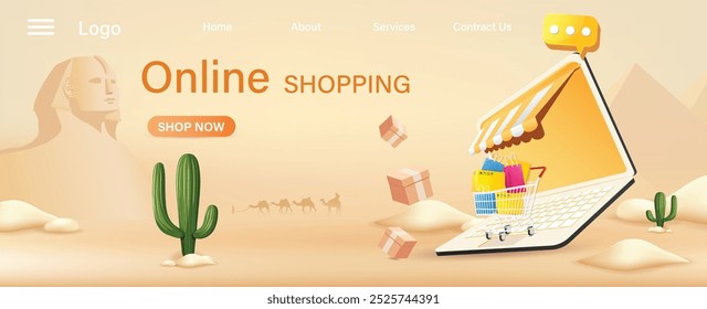 Online shopping on desert Egypt background, Green cactus, camel, pyramid, on sand desert banner design, EPS 10 vector illustration