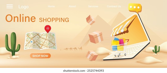 Online shopping on desert Egypt background, Green cactus, camel, pyramid, on sand desert banner design, EPS 10 vector illustration