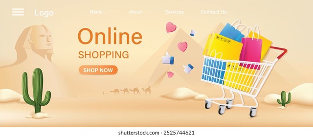 Online shopping on desert Egypt background, Green cactus, camel, pyramid, on sand desert banner design, EPS 10 vector illustration