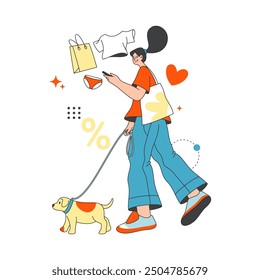 Compras en línea en marcha, personaje femenino que usa el teléfono para comprar ropa en tiendas de Internet y tiendas. Vector plano personaje de dibujos animados caminando perro y buscando tops y ropa interior en venta