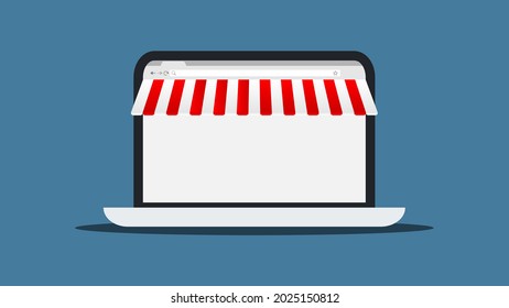Online shopping on internet bowser, internet browser with search bar, red and white striped sunshade. Laptop with empty white screen. svg