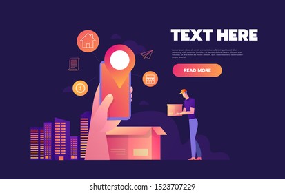 Online shopping on internet using mobile smartphone. Fast delivery concept vector illustration in flat style design. Courier gives parcel to customer.