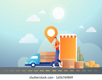 Online shopping on internet using mobile smartphone. Fast delivery concept vector illustration in flat style design.