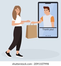 Online shopping on internet using mobile smartphone. Courier gives parcel to customer.