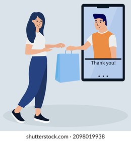 Compras en línea por internet usando smartphone móvil. Courier da paquete al cliente.