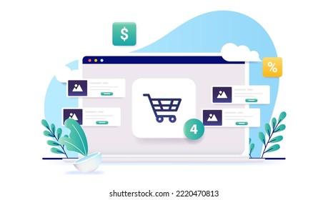 Online shopping on laptop computer - Vector illustration with flat design and front view of shopping basket and abstract shop design elements on white background