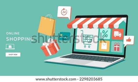 online shopping on laptop computer concept with shopping bag, delivery, 24 hours, and like icon for promotion of digital stores, flat vector graphic illustration