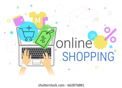 Online shopping on laptop concept vector illustration. Human hands typing on laptop keyboard for ordering and buying goods and services with promo price and discounts. Creative e-commerce banner
