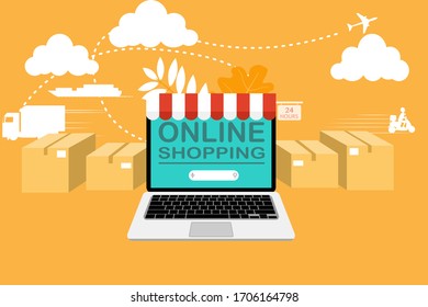 Online shopping on Laptop. market on internet website and shipping logistic.
vector illustration.