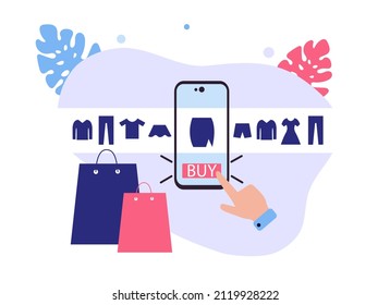 Online shopping on mobile app concept with shopping bags, and hand pressing the button button "buy", digital store on the smartphone with different goods. Good for web and banner. Flat vector