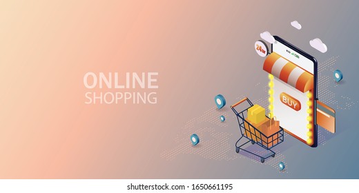 Compras en línea con aplicación móvil. Mercado global. Marketing digital. Red logística global isométrica. Concepto de servicio de entrega en línea. Compras seguras en línea. Ilustración vectorial.