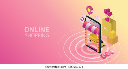 Online-Shopping mit mobilen Anwendungen. Isometrisches mobiles Geschäft. Vektorillustration.