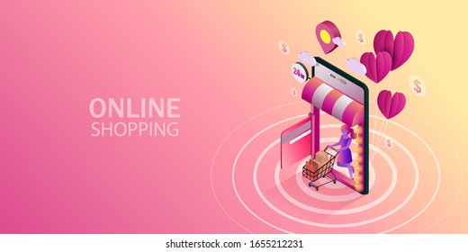 Online shopping on mobile application. Isometric mobile store. Vector illustration.