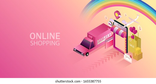 Online shopping on mobile application. Isometric mobile store. Vector illustration.