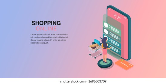 Compras en línea en Mobile Application Vector Concept.Vector ilustración