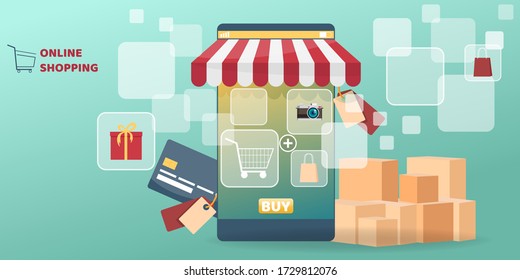 Compras en línea en aplicación móvil. aplicación móvil, e-commerce on phone buy y concepto de pago. Ilustración del vector