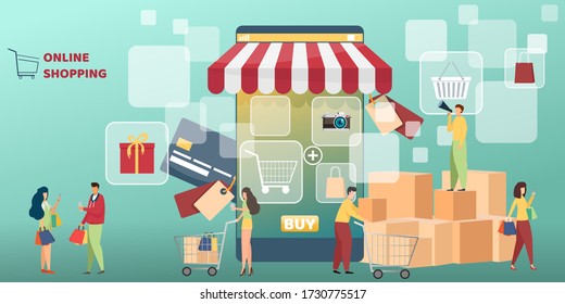 Online shopping on Mobile Application. mobile app, e-commerce on phone.  Buy and pay concept. Vector illustration