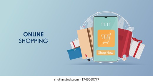 Compras en línea en aplicaciones móviles, Vector de compras, Marketing de conceptos vectores y marketing digital, ilustración de vectores de compras.