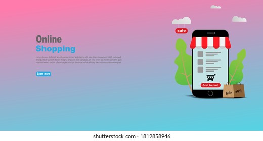 Compras en línea en concepto de vector de aplicación móvil.
Comprar en línea en el sitio web. Ilustración del vector EPS10.