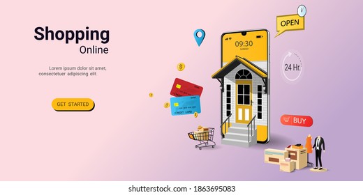 Online-Shopping mit mobilen Anwendungen. Kreditkarten und Shop-Elemente. Marketing und digitales Marketing. Konzept des Webseitendesigns für Website, Banner und mobile Website. 3D-Vektorgrafik