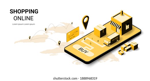 Online shopping on mobile Application, Online delivery. Digital marketing. Truck, warehouse and parcel box. Concept of web page design for website, banner and mobile website. 3D vector illustration