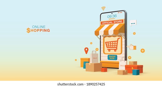 Online Shopping on Mobile Application, Online Official Store and Digital Marketing, E-Commerce Concept Vector Banner Background